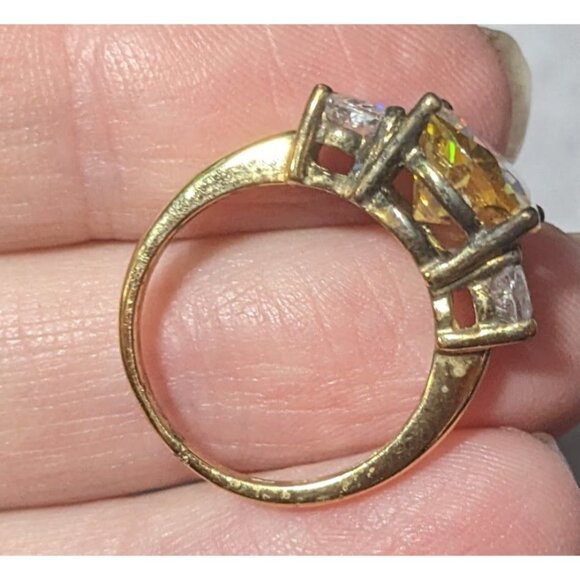 Brilliant Three Stone Sterling Silver Gold Tone Plated Engagement Ring Size 7 - Picture 16 of 16